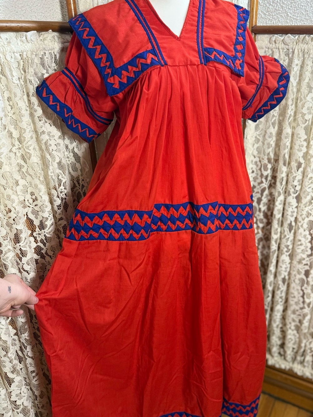 Vintage 1970s Handmade Red Cotton Folk Prairie Maxi Dress - Picture 2 of 5